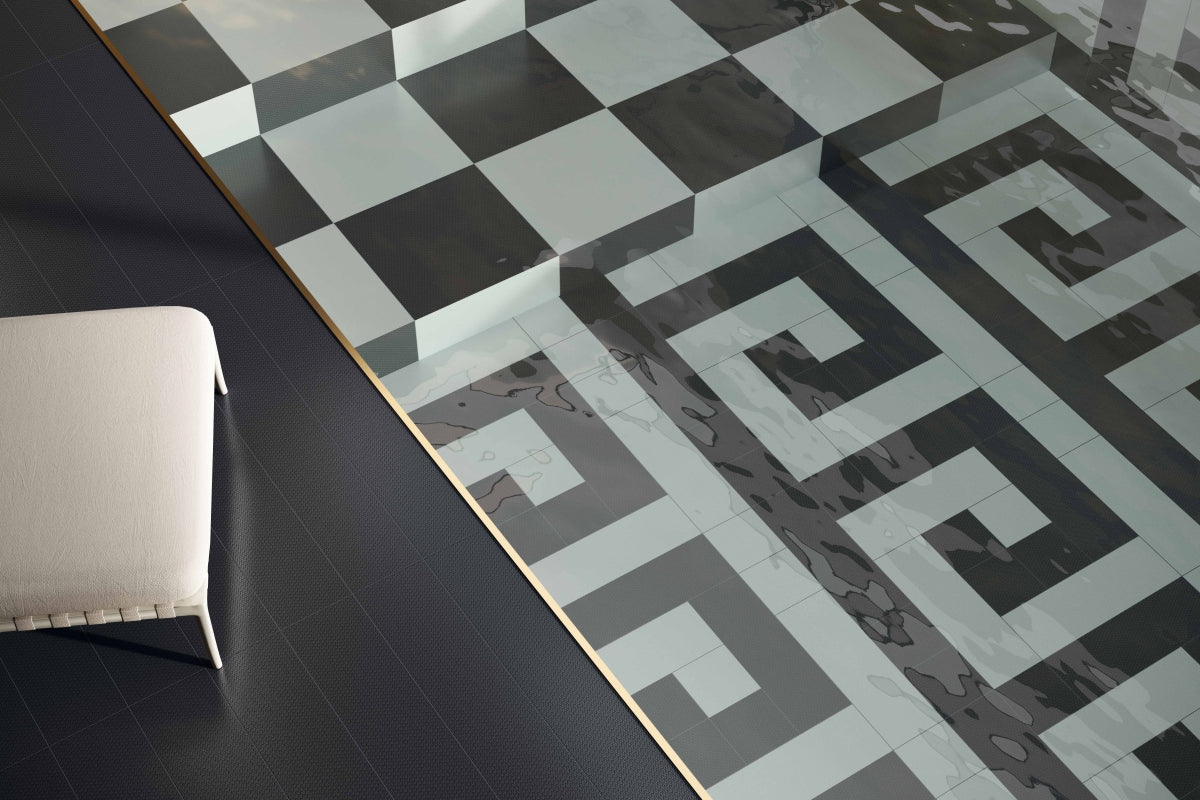 Versace La Greca Signiture Black/Cut Black Fabric Look Porcelain Tile
