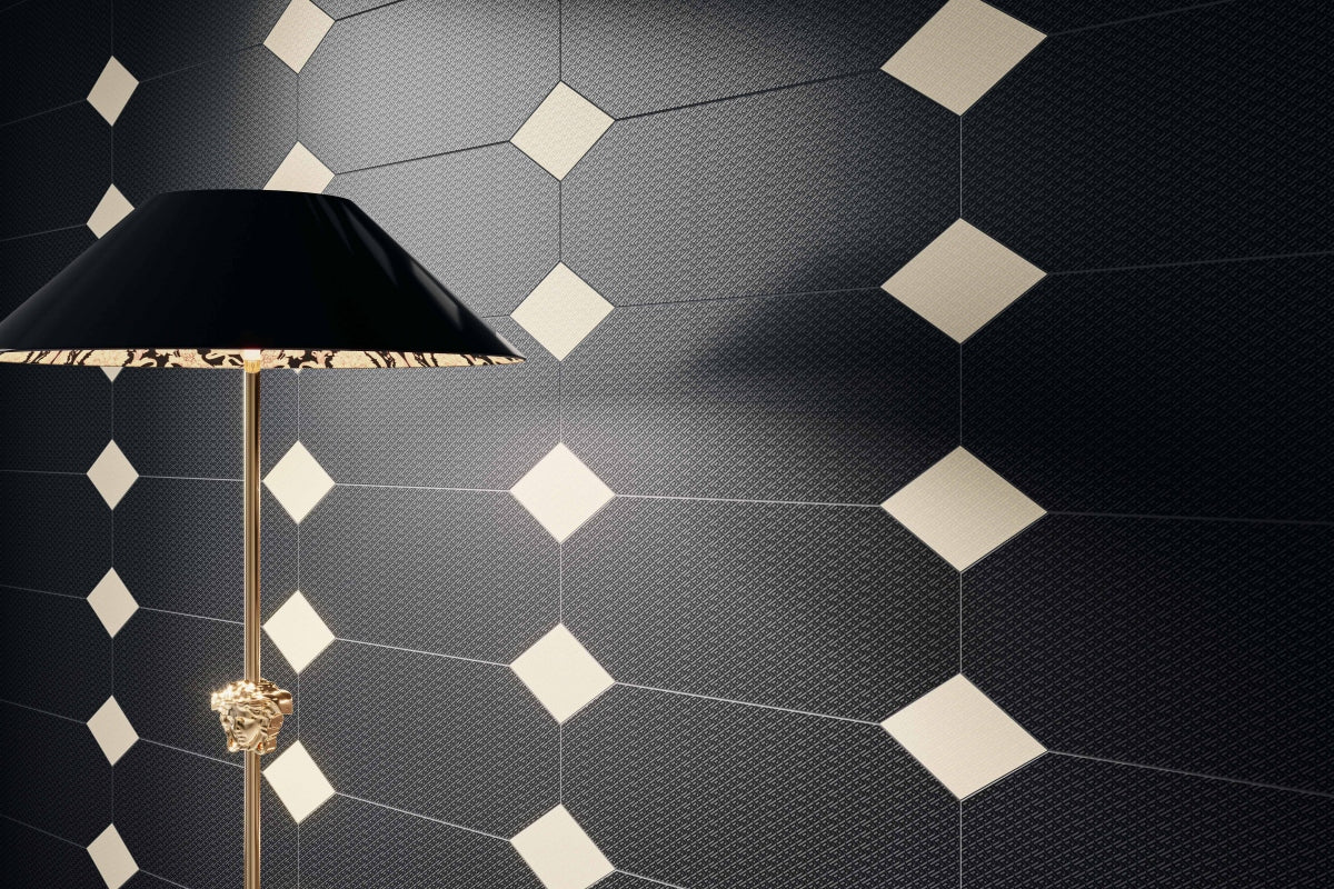 Versace La Greca Signiture Black/Cut Black Fabric Look Porcelain Tile