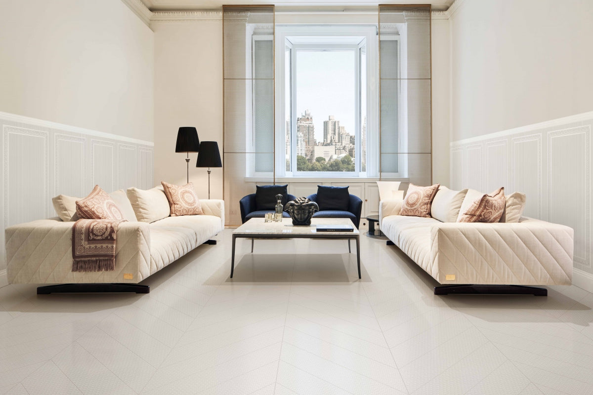 Versace La Greca Signiture White/Cut White Fabric Look Porcelain Tile